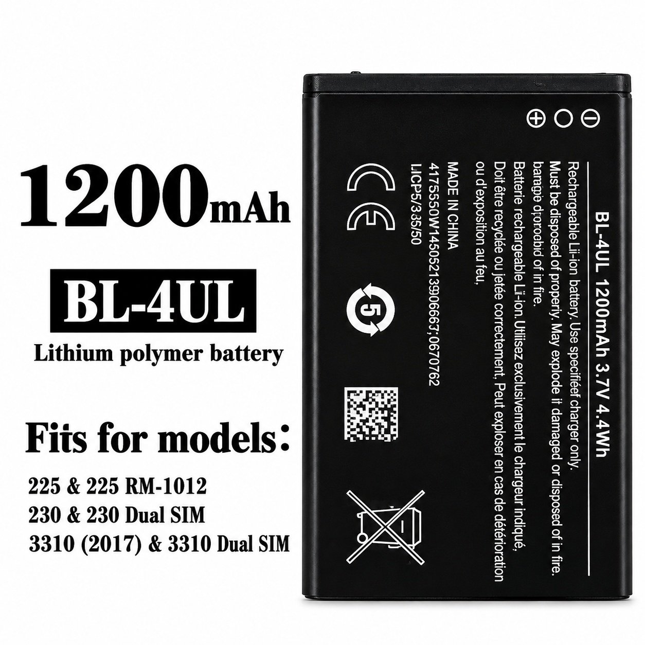 BL-4UL_1200mAh_high_quality بطارية بديلة موديل BL-4UL BL-4WL متوافقة مع أجهزة Nokia Lumia 225 230 3310 RM-1172 RM-1011 RM-11261200 | السعة 1200 mAh | RoxyStore