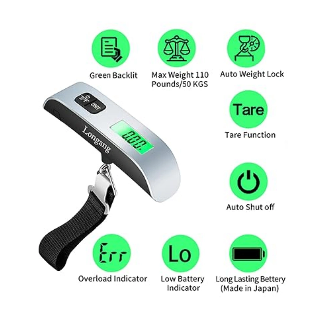 SX425_02 Luggage Digital Hanging Scale 50kg from Longang with Backlight for Travel, Rubber Coating Handle and Battery Included, Silver | RoxyStore