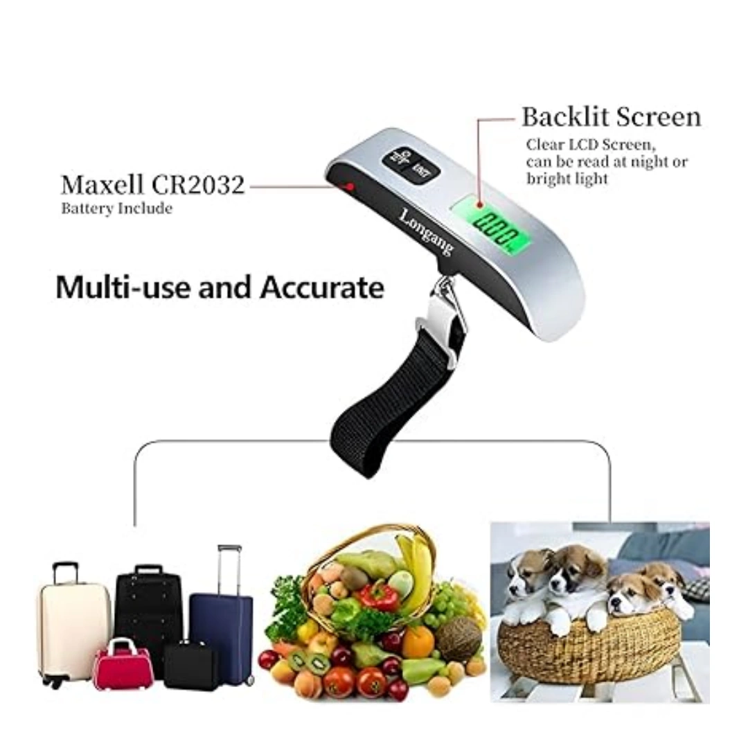 SX425_03 Luggage Digital Hanging Scale 50kg from Longang with Backlight for Travel, Rubber Coating Handle and Battery Included, Silver | RoxyStore