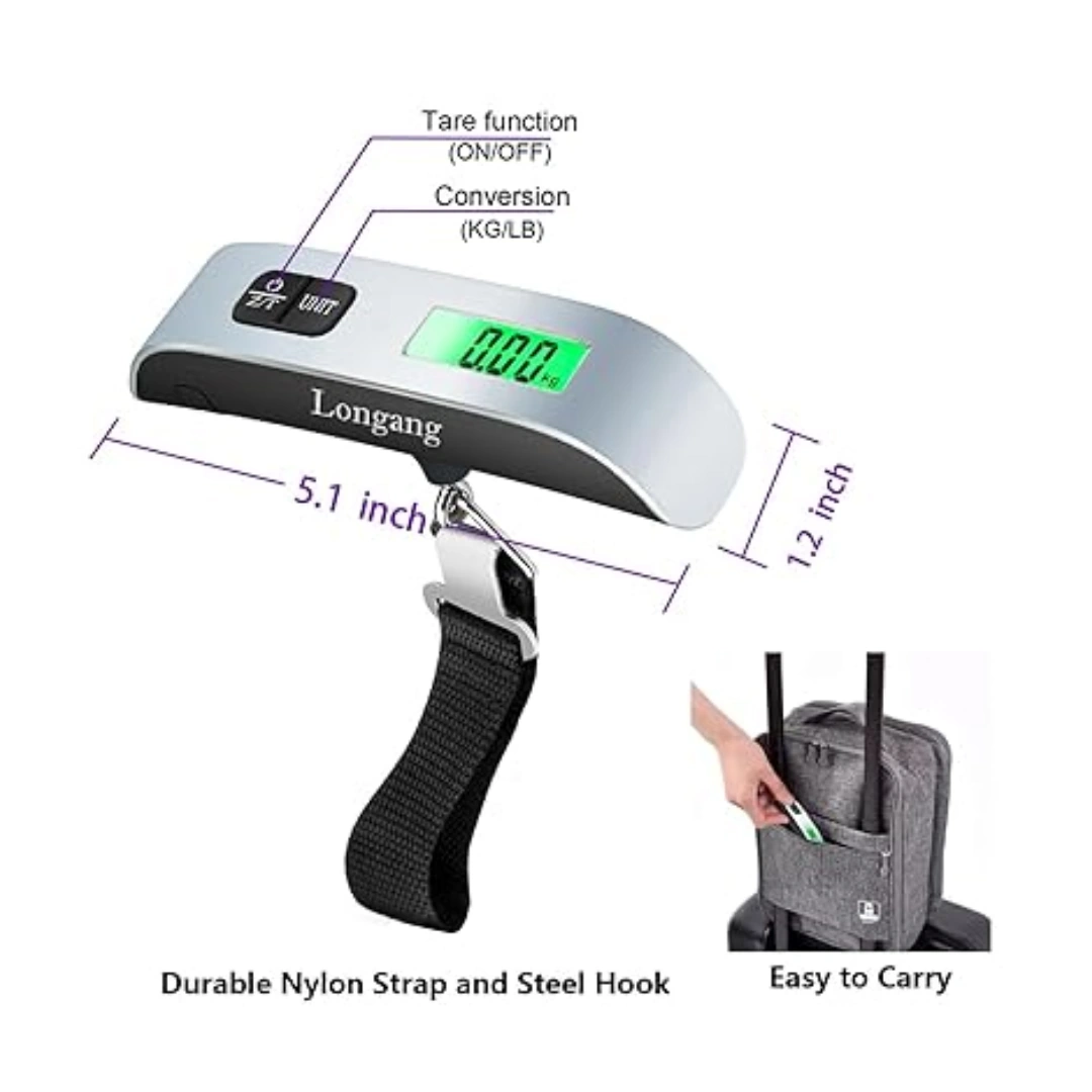 SX425_04 Luggage Digital Hanging Scale 50kg from Longang with Backlight for Travel, Rubber Coating Handle and Battery Included, Silver | RoxyStore