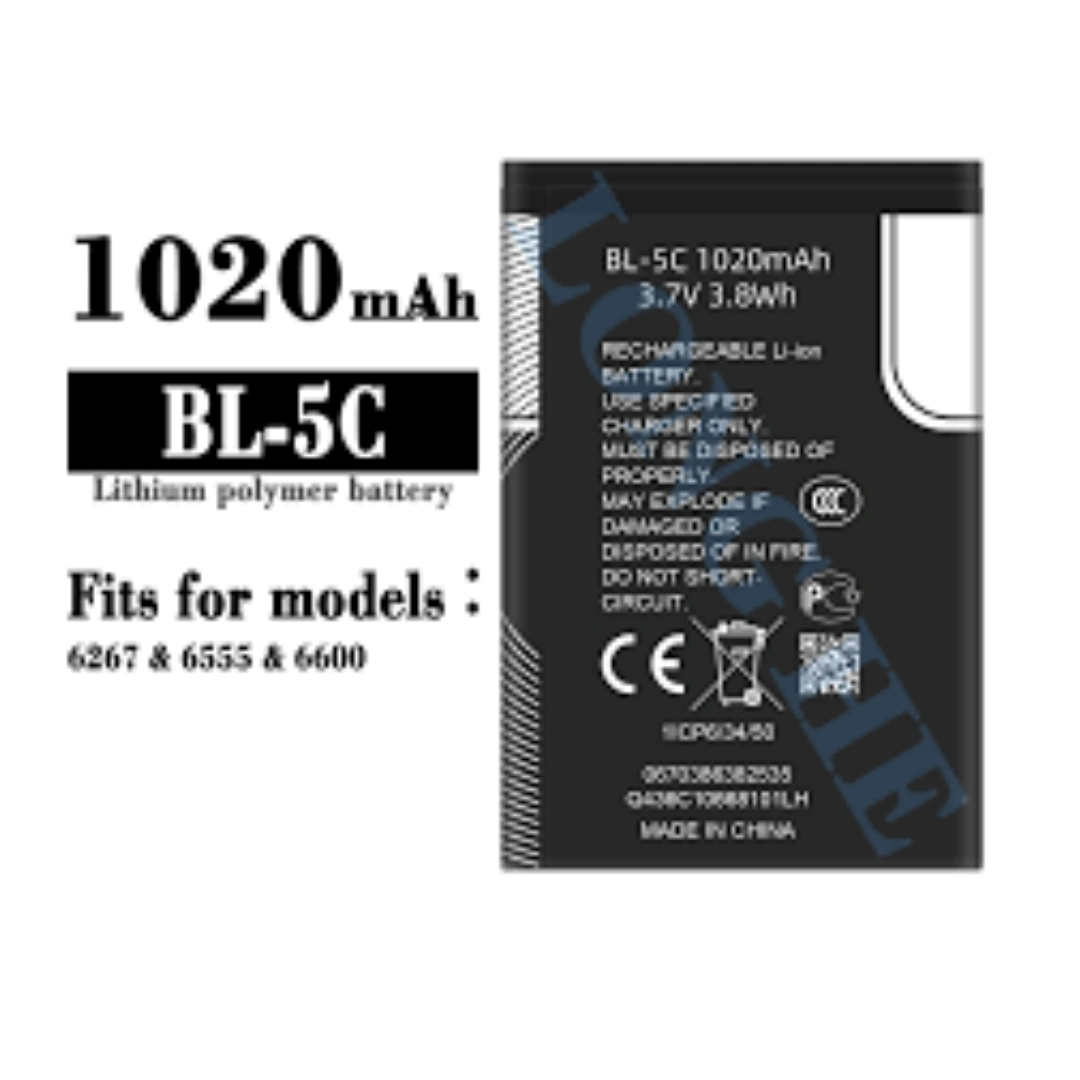 bl-5c_1020_01 بطارية بديلة موديل BL-5C متوافقة مع أجهزة Nokia 6600, 1100, 1101, 1110, 3100, 3109, 2626, 2610, 2300, 2310, 2280, 1200, 1208, 1209, 1600 | السعة 1020mAh | RoxyStore