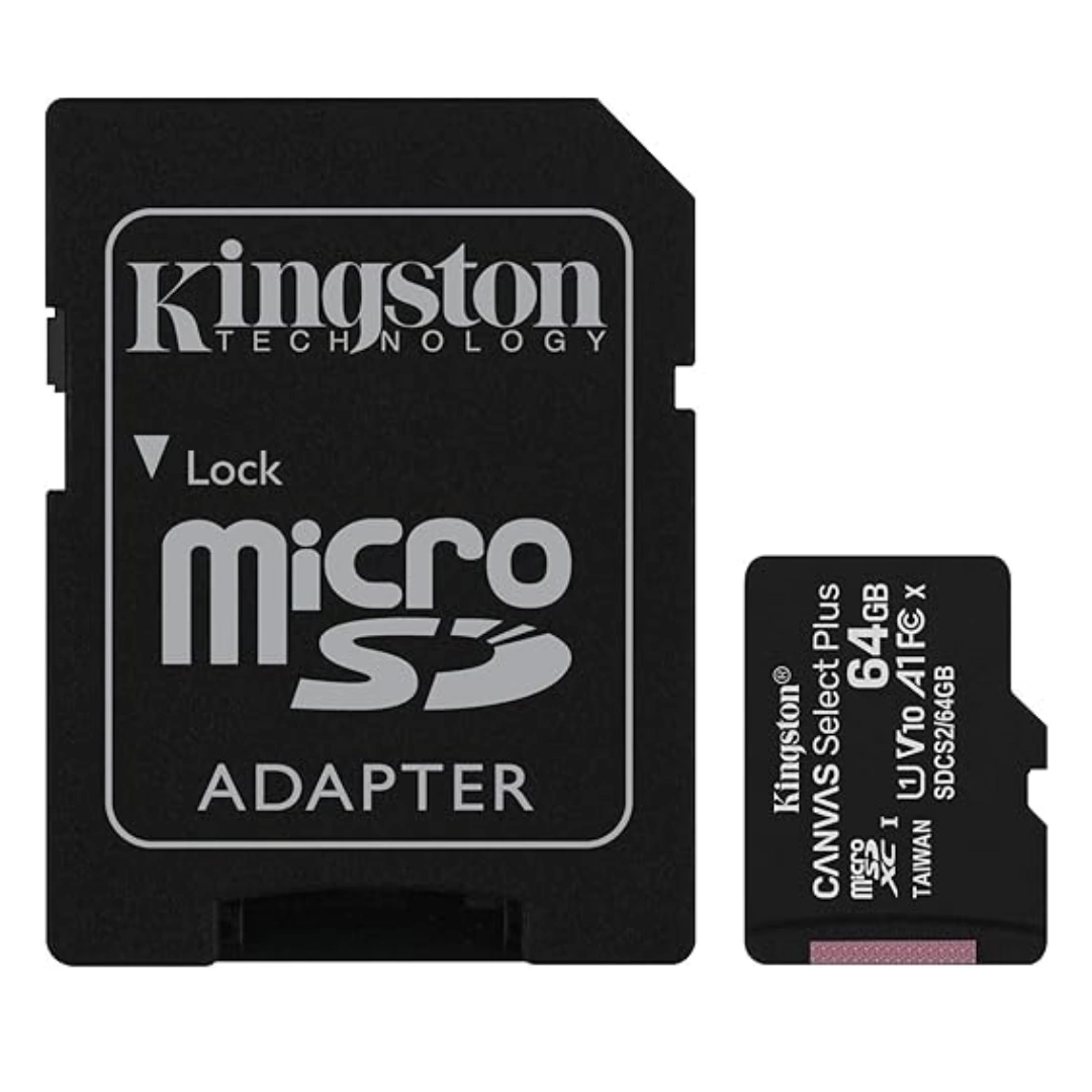 micro_sd_64_02 بطاقة ذاكرة مايكرو SDHC بسعة 64 جيجابايت من سيليكت بلس من كينجستون، بسرعة قراءة 100ميجابايت/ثانية بتصنيف الفئة 10 A1 UHS-I + محول (SDCS2/64 جيجابايت) | RoxyStore