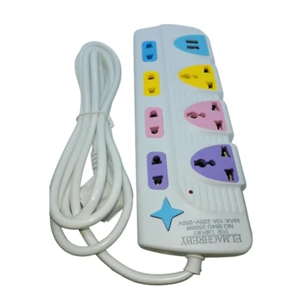 مشترك كهرباء نجمة بالاضافة الي عد 2 مدخل USB للشحن مع مفتاح قفل وفتح / كبل 2 متر (7 مداخل منهم 3 مدخل ثلاثي)