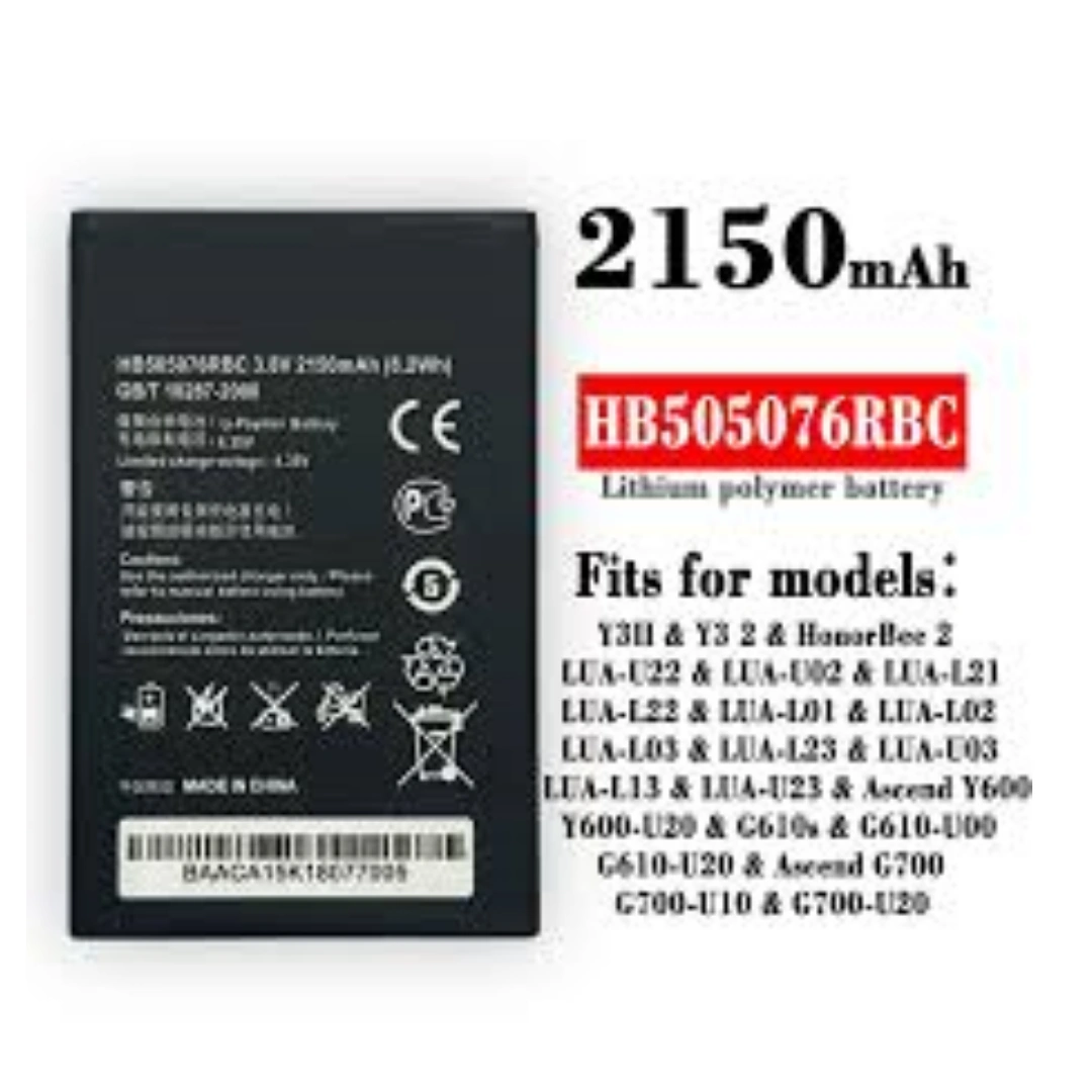 HB505076RBC_HW_2150_01 بطارية بديلة موديل HB505076RBC متوافقة مع أجهزة Huawei Ascend G610, G700, G710 | السعة 2150mAh | RoxyStore