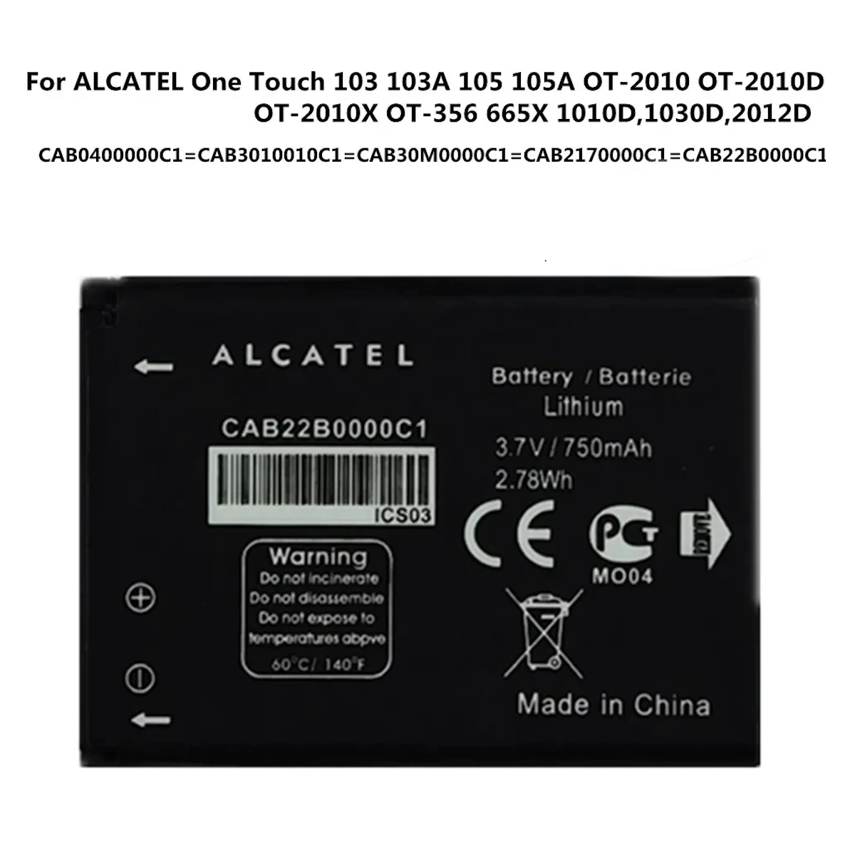 2 Replacement Battery Model CAB3010010C1 Compatible with ALCATL CAB3010010C1 CAB30M0000C1 CAB2170000C1 CAB22B0000C1 CAB30M0000C1 CAB2170000C1 CAB22B0000C1 | Capacity: 750 mAh | RoxyStore