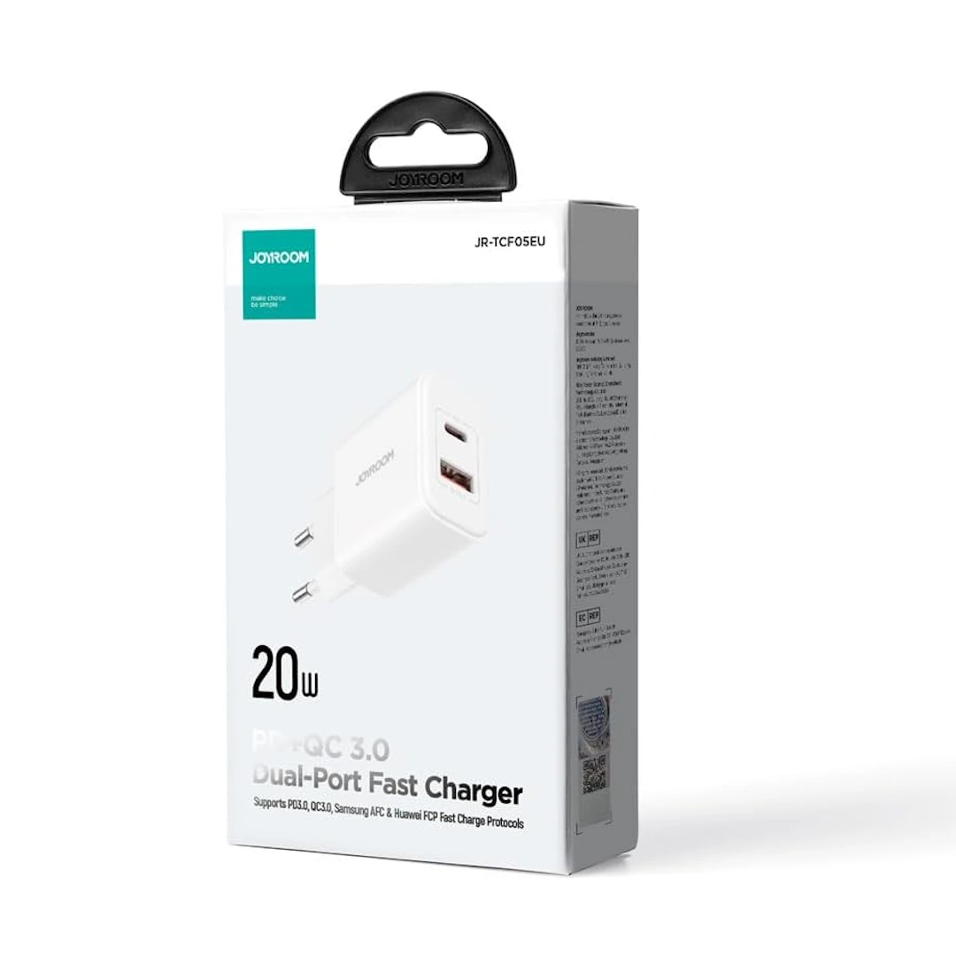 JR-TCF05 White-1 Joyroom JR-TCF05 EU Flash Series 20W Dual USB C/USB A Port Charger, White | RoxyStore