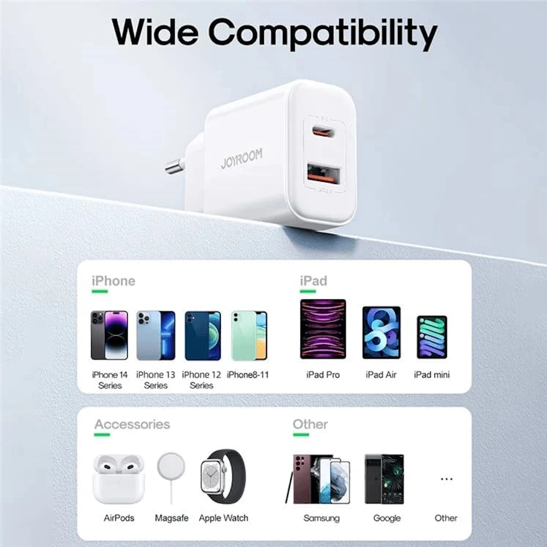 JR-TCF05 White-6 Joyroom JR-TCF05 EU Flash Series 20W Dual USB C/USB A Port Charger, White | RoxyStore