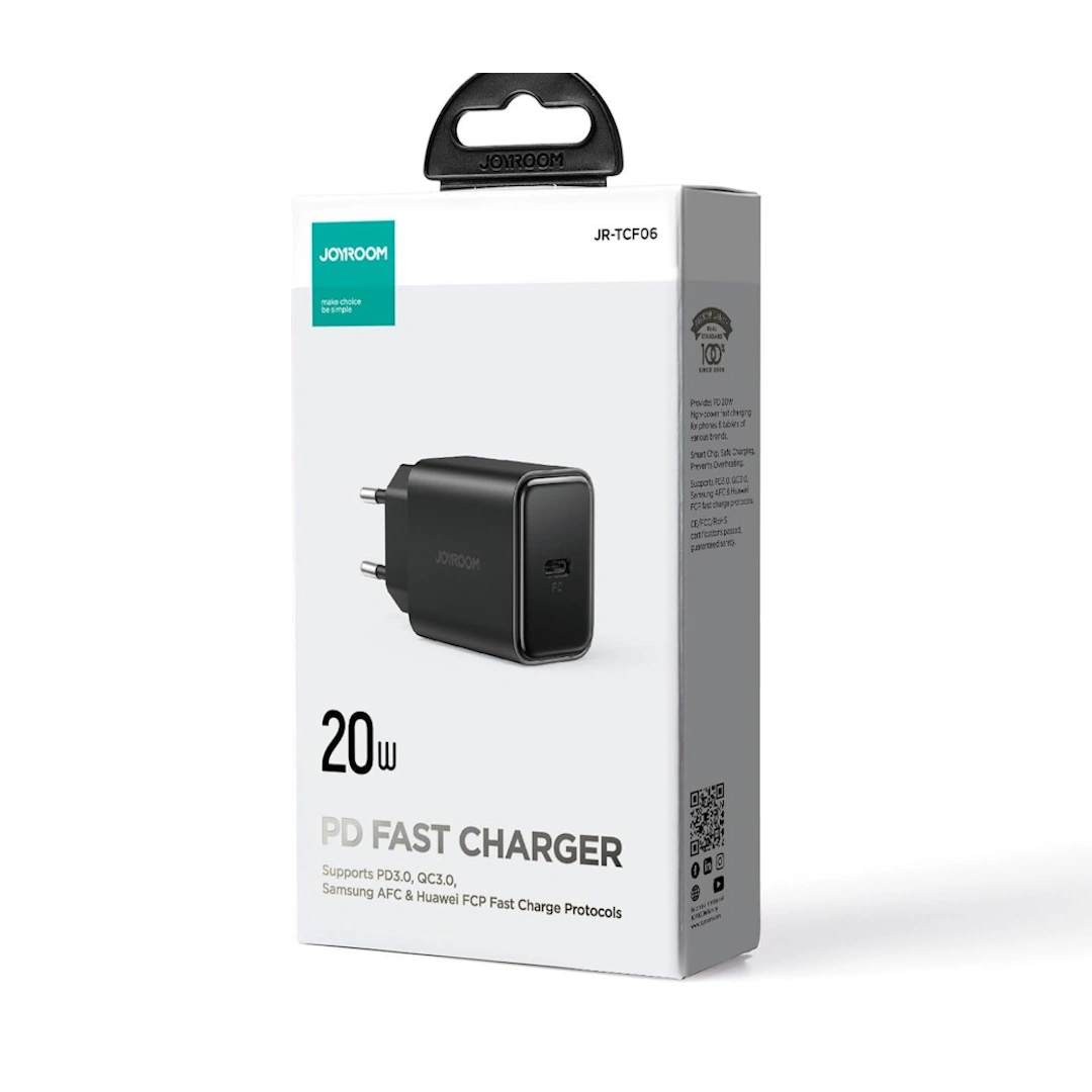 JR-TCF06 Charger 20W-2 Joyroom USB-C Charger, Compatible with Phones, Tablets, Headphones, and Tobacco Heaters, Single Port 20W, Black | RoxyStore