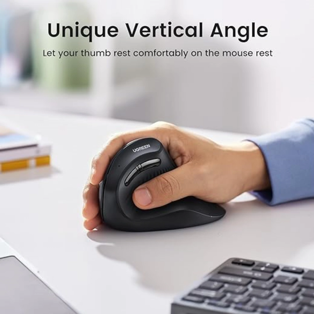 M571P_02 UGREEN 2.4GHz Wireless or Bluetooth Ergonomic Vertical Mouse, 1000, 1600, 2000, 4000 DPI, 5 Buttons, Connects to 3 Mac PCs, 75° Angle, Compatible with Windows, Mac OS, Linux, Chrome OS, Android | RoxyStore