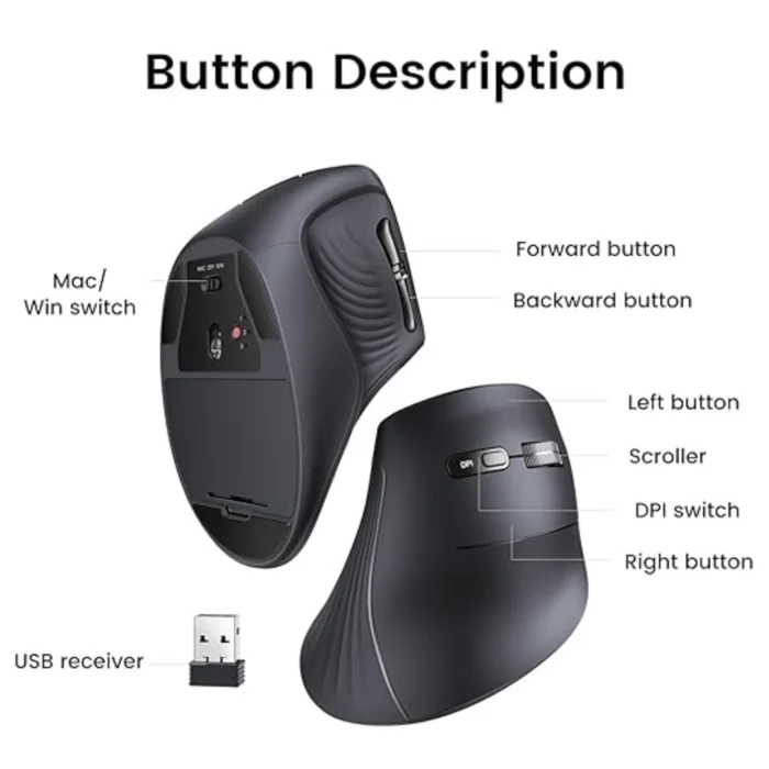 UGREEN 2.4GHz Wireless or Bluetooth Ergonomic Vertical Mouse, 1000, 1600, 2000, 4000 DPI, 5 Buttons, Connects to 3 Mac PCs, 75° Angle, Compatible with Windows, Mac OS, Linux, Chrome OS, Android | RoxyStore