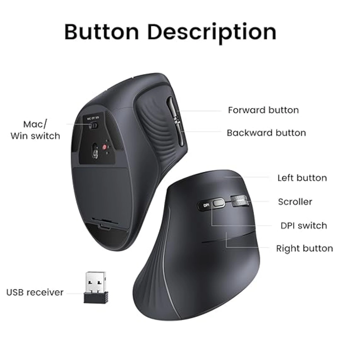 M571P_03 UGREEN 2.4GHz Wireless or Bluetooth Ergonomic Vertical Mouse, 1000, 1600, 2000, 4000 DPI, 5 Buttons, Connects to 3 Mac PCs, 75° Angle, Compatible with Windows, Mac OS, Linux, Chrome OS, Android | RoxyStore