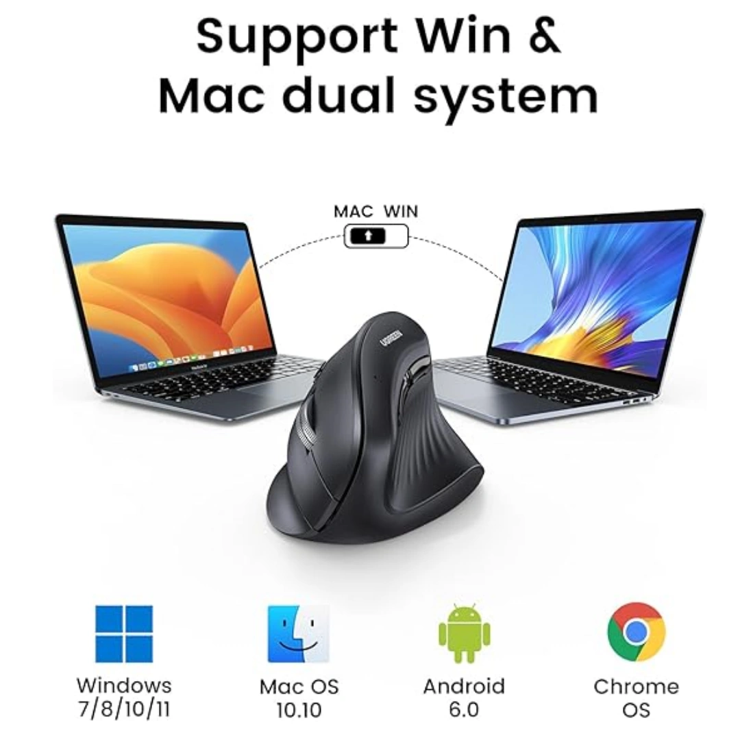 M571P_04 UGREEN 2.4GHz Wireless or Bluetooth Ergonomic Vertical Mouse, 1000, 1600, 2000, 4000 DPI, 5 Buttons, Connects to 3 Mac PCs, 75° Angle, Compatible with Windows, Mac OS, Linux, Chrome OS, Android | RoxyStore