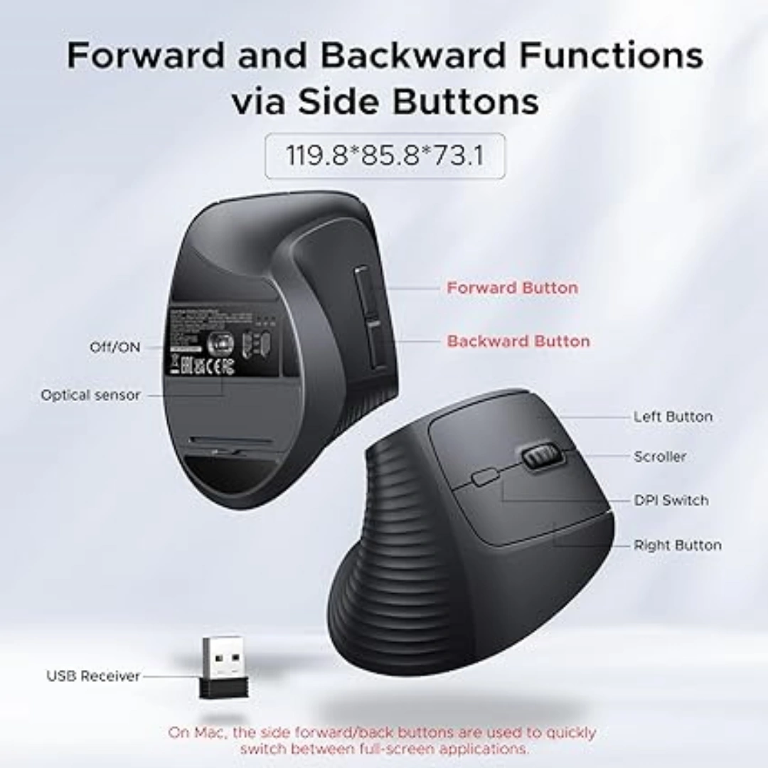 MU008_400_02 UGREEN 2.4GHz Wireless Bluetooth Mouse, Vertical Ergonomic Design, 1000/1600/2000/4000 DPI, 6 Buttons, Compatible with Windows and Mac | RoxyStore