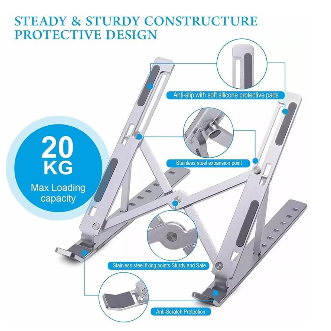 Stand_laptop_03 حامل لابتوب قابل للتعديل، حامل لابتوب محمول من الالومنيوم للمكتب، حامل دعم تبريد قابل للطي وجيد التهوية لاجهزة ابل ماك بوك برو/اير، اتش بي، سوني، ديل، والمزيد 10-15.6 انش | RoxyStore