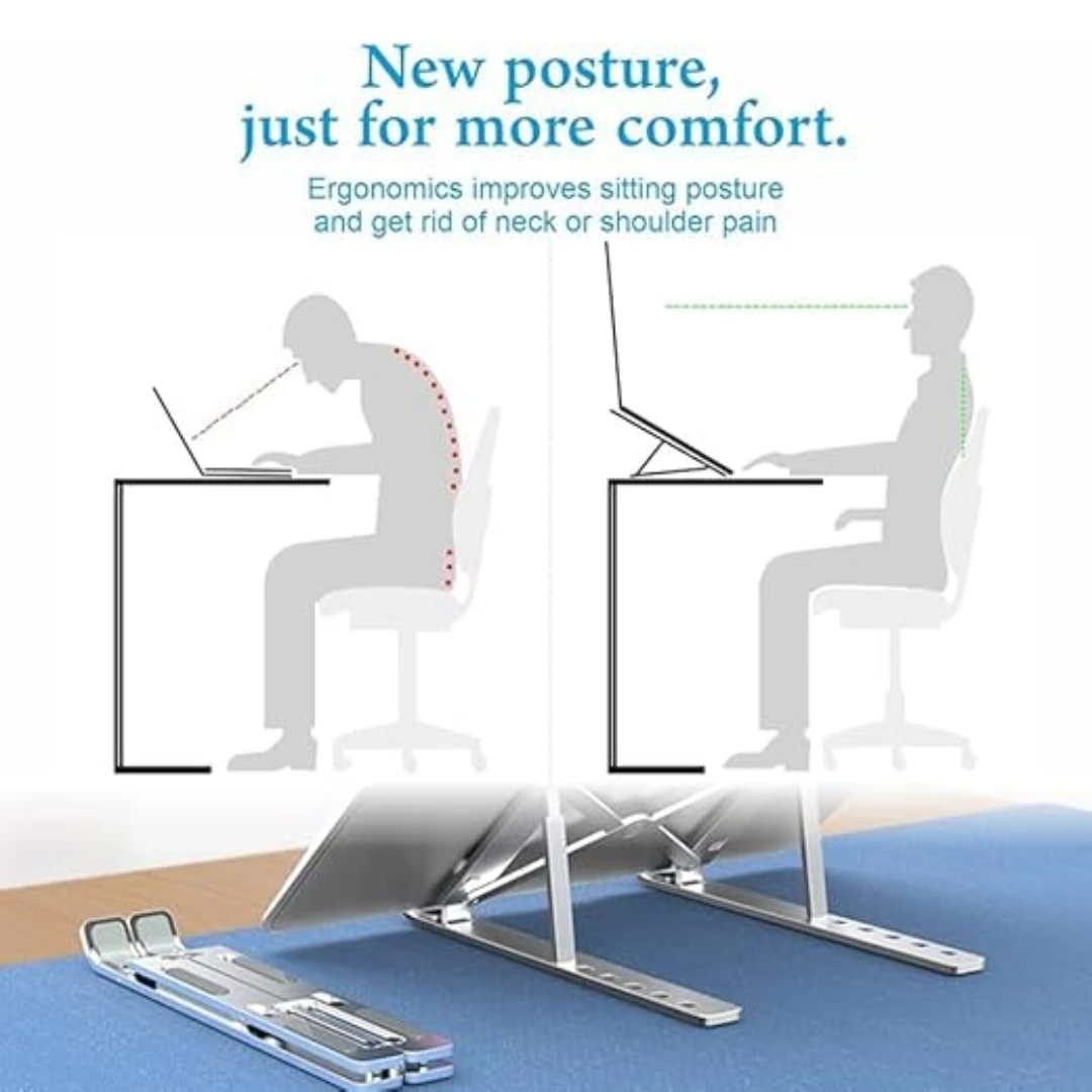 Stand_laptop_04 حامل لابتوب قابل للتعديل، حامل لابتوب محمول من الالومنيوم للمكتب، حامل دعم تبريد قابل للطي وجيد التهوية لاجهزة ابل ماك بوك برو/اير، اتش بي، سوني، ديل، والمزيد 10-15.6 انش | RoxyStore
