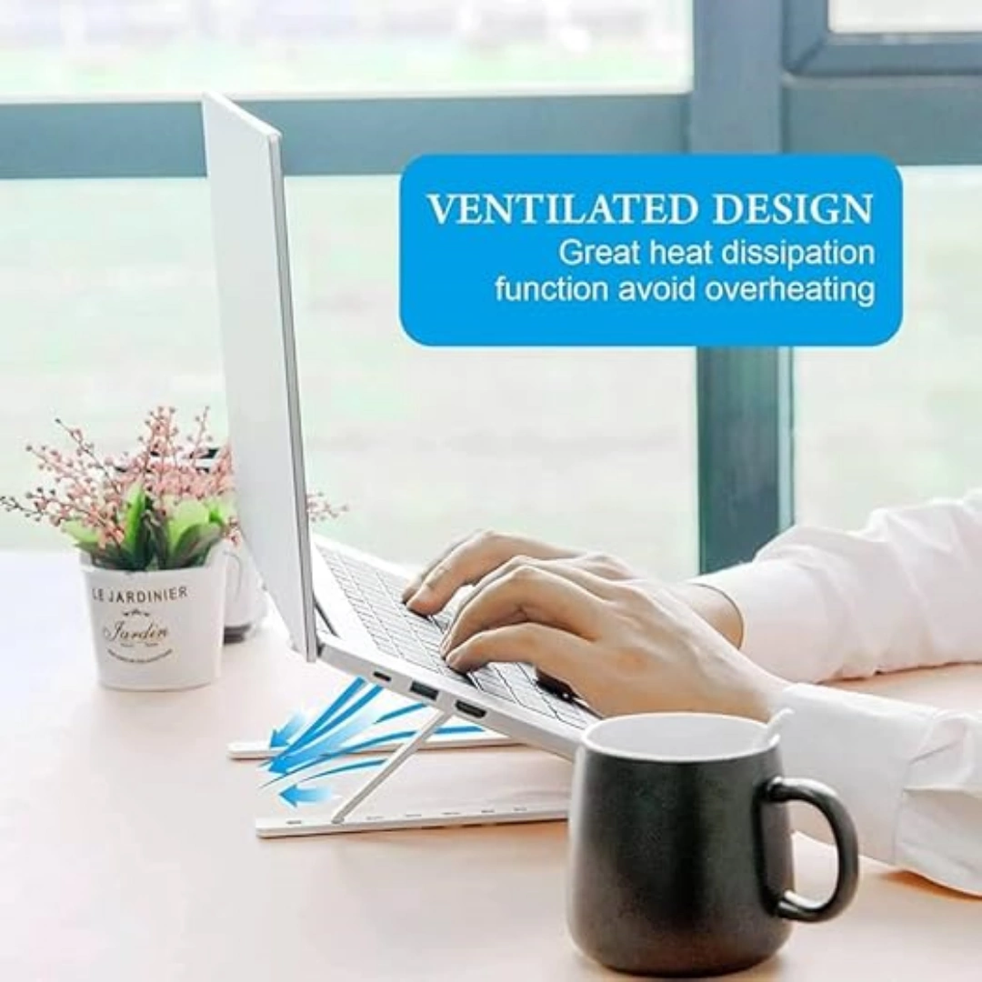 Stand_laptop_06 حامل لابتوب قابل للتعديل، حامل لابتوب محمول من الالومنيوم للمكتب، حامل دعم تبريد قابل للطي وجيد التهوية لاجهزة ابل ماك بوك برو/اير، اتش بي، سوني، ديل، والمزيد 10-15.6 انش | RoxyStore