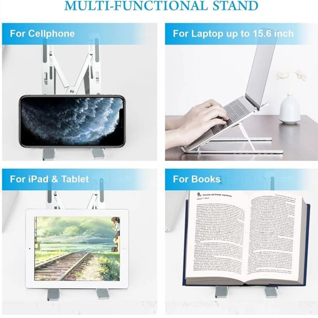 Stand_laptop_07 حامل لابتوب قابل للتعديل، حامل لابتوب محمول من الالومنيوم للمكتب، حامل دعم تبريد قابل للطي وجيد التهوية لاجهزة ابل ماك بوك برو/اير، اتش بي، سوني، ديل، والمزيد 10-15.6 انش | RoxyStore