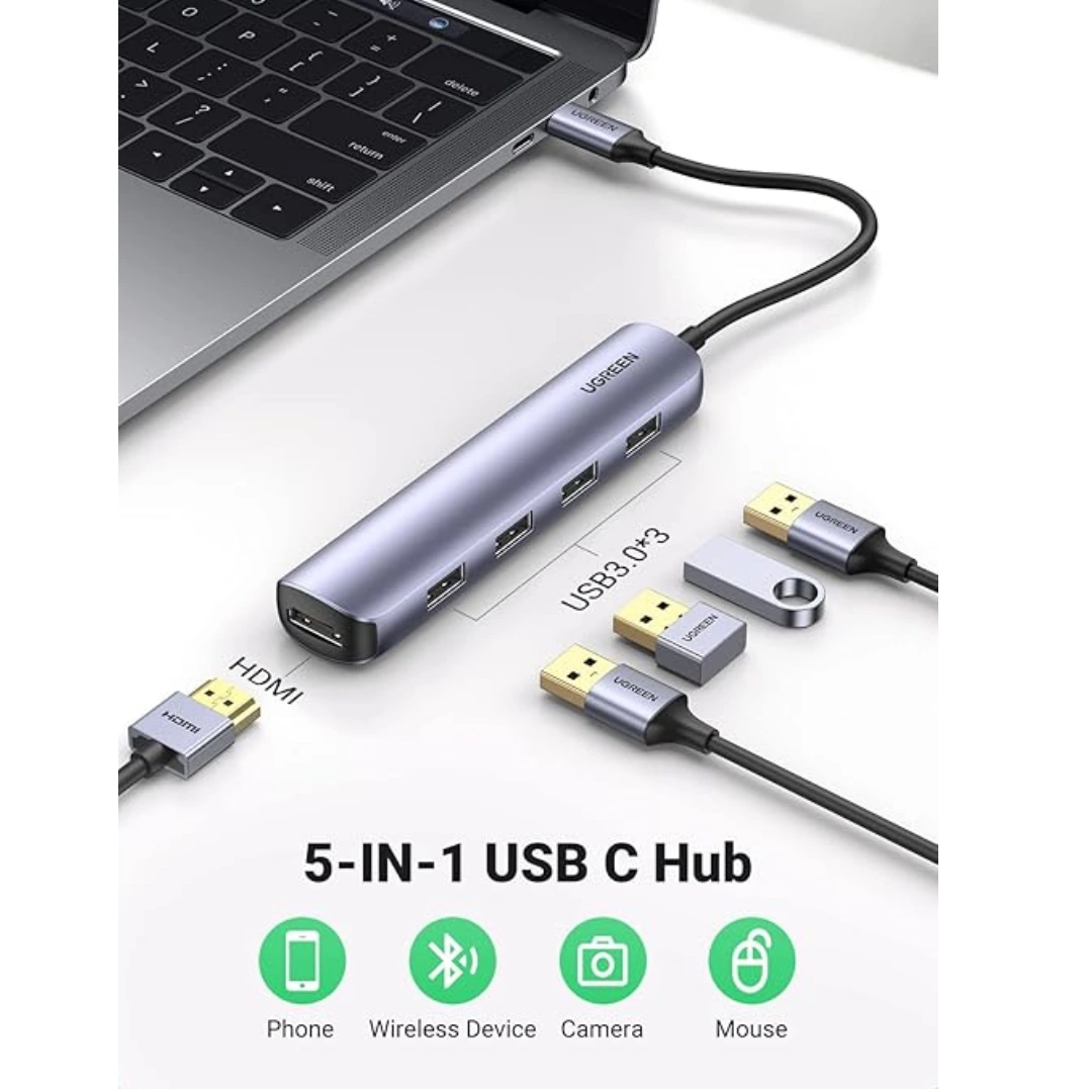 UGREEN_5-1_02 يوجرين أونو يو إس بي سي هاب 4K60Hz PD100W 10Gbps محول موزع USB3.2 لأجهزة الكمبيوتر المحمولة ماك بوك برو آير محطة إرساء موسع (5 في 1 (1×HDMI 3×USB 1×PD)) | RoxyStore