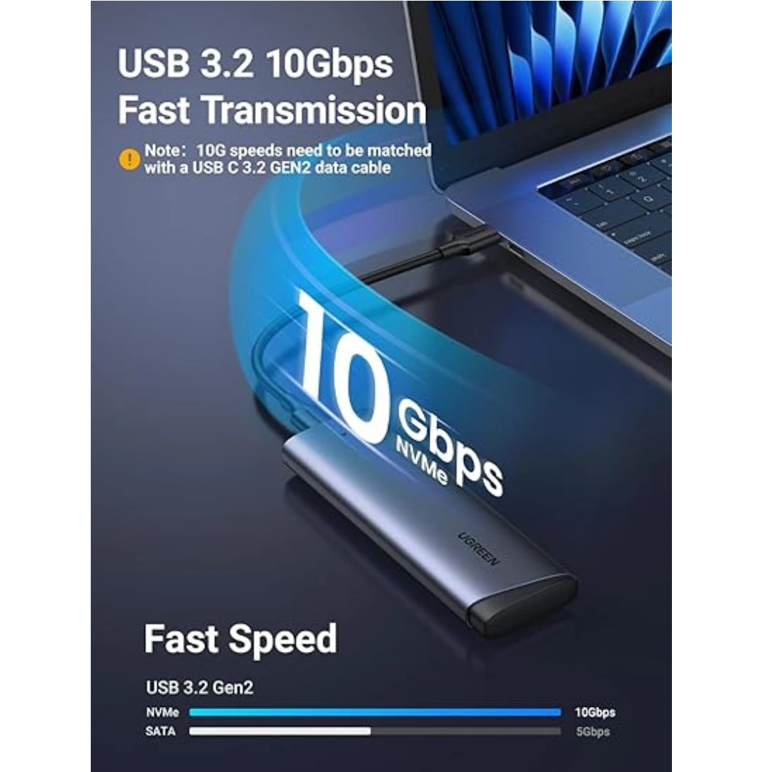 UGREEN_SSD_10G_02 UGREEN M.2 NVME SSD Enclosure USB 3.2 10Gbps for M-Key/M+B Key in 2230/2242/2260/2280 with USB CC Cable and AC Power Adapter, Tool-Free | RoxyStore