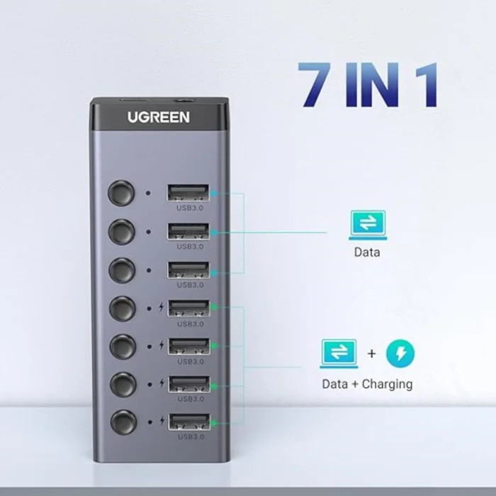 UGREEN USB 3.0 Powered Hub 4 Port Smart Support Date Transfer Single Splitter 7 Ports with LED Indicator 12V-2A Aluminum Adapter for PC Laptop MacBook Pro Air | RoxyStore