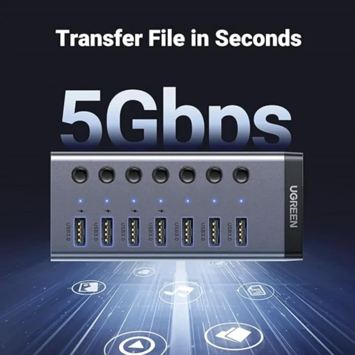 UGREEN USB 3.0 Powered Hub 4 Port Smart Support Date Transfer Single Splitter 7 Ports with LED Indicator 12V-2A Aluminum Adapter for PC Laptop MacBook Pro Air | RoxyStore