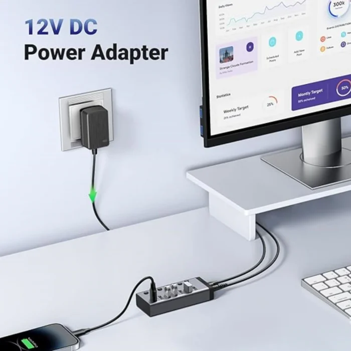 UGREEN USB 3.0 Powered Hub 4 Port Smart Support Date Transfer Single Splitter 7 Ports with LED Indicator 12V-2A Aluminum Adapter for PC Laptop MacBook Pro Air | RoxyStore