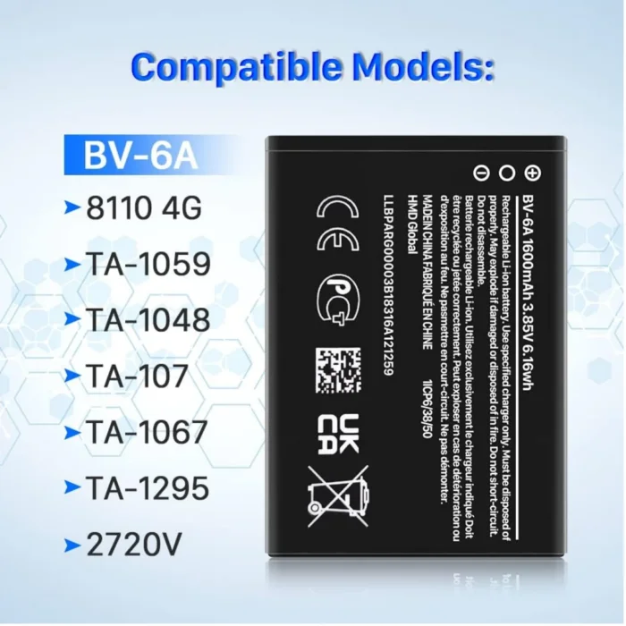 Replacement Battery Model BV-6A Compatible with Nokia Banana 2060, 3060, 5250, C5-03, 8110 | Capacity 1500mAh | RoxyStore