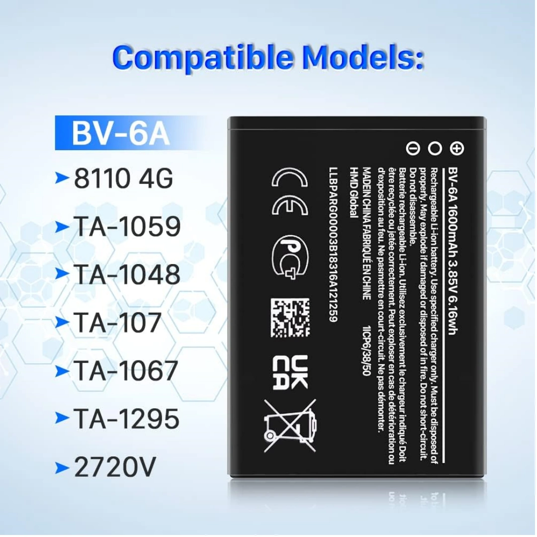 bv-6a_2060_02 Replacement Battery Model BV-6A Compatible with Nokia Banana 2060, 3060, 5250, C5-03, 8110 | Capacity 1500mAh | RoxyStore