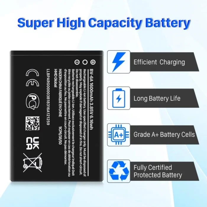 Replacement Battery Model BV-6A Compatible with Nokia Banana 2060, 3060, 5250, C5-03, 8110 | Capacity 1500mAh | RoxyStore