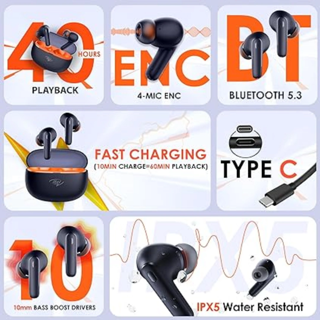 itel_t11_03 Etel T11 Trolley Wireless Headphones with 40 Hours Playtime, Quad-Mic In-Ear, IPX5 Water and Dust Resistance, 10mm Bass Drivers, Bluetooth 5.3, Fast Charging - Black, In-Ear | RoxyStore
