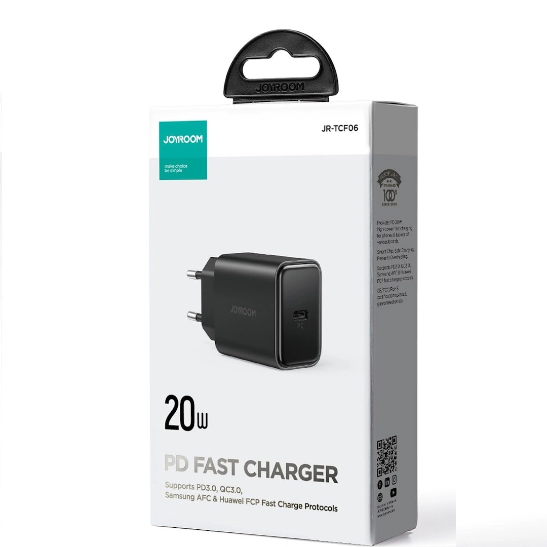 jr-tcf06-2 Joyroom USB-C Charger, Compatible with Phones, Tablets, Headphones, and Tobacco Heaters, Single Port Black jr-tcf06 20W | RoxyStore