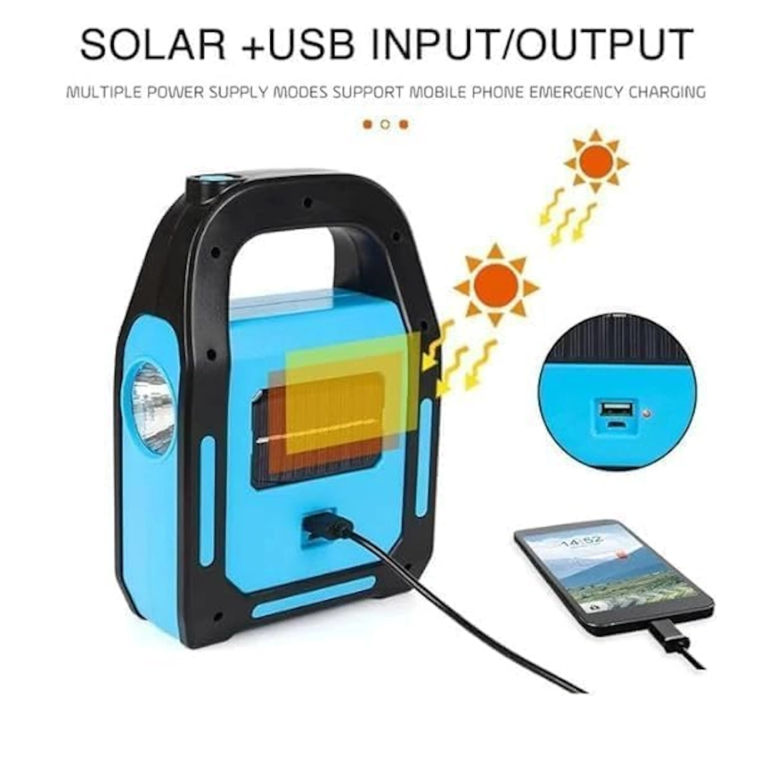 كشاف جركن 9707-3 مصباح فلاش للطوارئ قابل للشحن شمسيًا أو كهربائيًا/جيركن/+ شحن شمسي/فانوس أمامي بلمبتين ليد/باور بانك لشحن الموبايل/مصباح لل/حامل باليد (أزرق) | RoxyStore