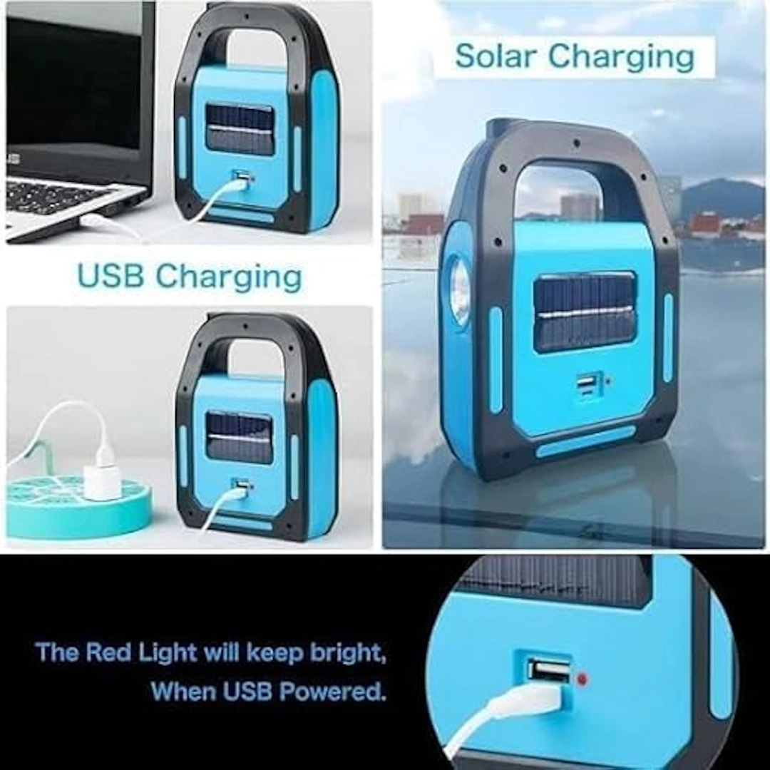 كشاف جركن 9707-5 مصباح فلاش للطوارئ قابل للشحن شمسيًا أو كهربائيًا/جيركن/+ شحن شمسي/فانوس أمامي بلمبتين ليد/باور بانك لشحن الموبايل/مصباح لل/حامل باليد (أزرق) | RoxyStore