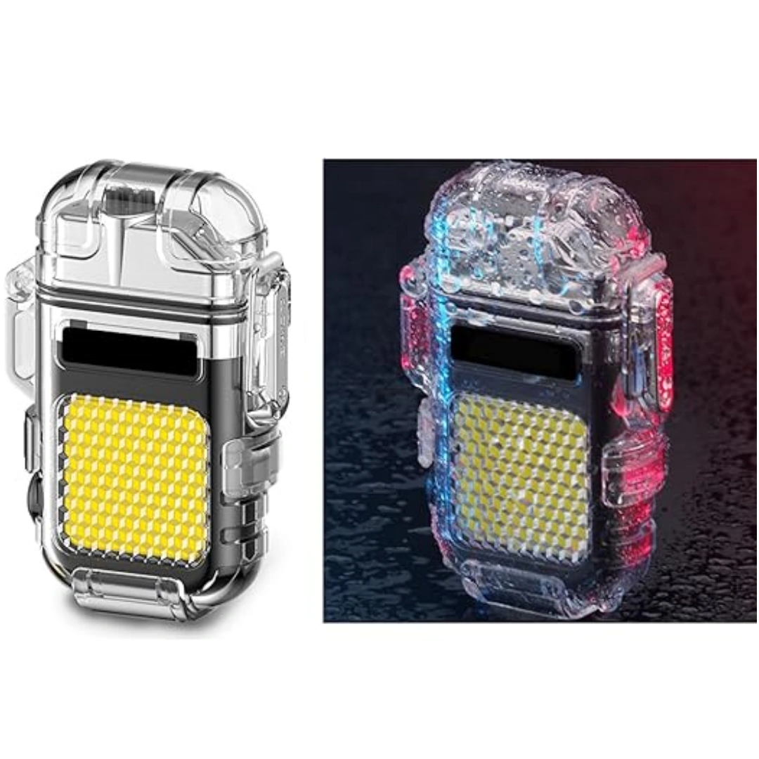 كشاف_ولاعة_كهربائي_01 ولاعة بلازما مقاومة للماء وقابلة لإعادة الشحن بمنفذ USB، ولاعة بقوس مزدوج مقاومة للرياح مع مصباح يدوي، صندوق هدايا متضمن كابل نوع سي وحبل قصير، لون أسود | RoxyStore