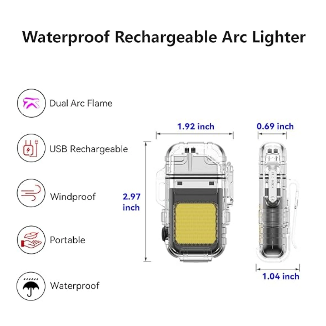 كشاف_ولاعة_كهربائي_02 ولاعة بلازما مقاومة للماء وقابلة لإعادة الشحن بمنفذ USB، ولاعة بقوس مزدوج مقاومة للرياح مع مصباح يدوي، صندوق هدايا متضمن كابل نوع سي وحبل قصير، لون أسود | RoxyStore