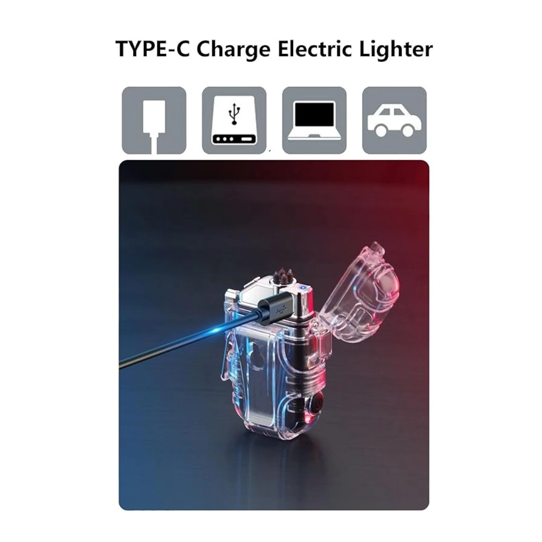 كشاف_ولاعة_كهربائي_03 ولاعة بلازما مقاومة للماء وقابلة لإعادة الشحن بمنفذ USB، ولاعة بقوس مزدوج مقاومة للرياح مع مصباح يدوي، صندوق هدايا متضمن كابل نوع سي وحبل قصير، لون أسود | RoxyStore