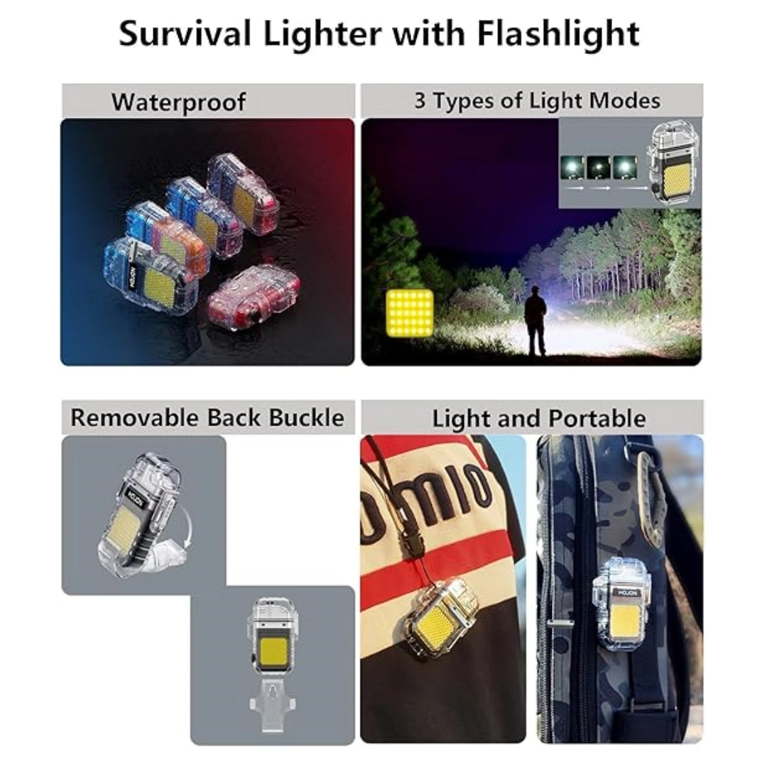 كشاف_ولاعة_كهربائي_04 ولاعة بلازما مقاومة للماء وقابلة لإعادة الشحن بمنفذ USB، ولاعة بقوس مزدوج مقاومة للرياح مع مصباح يدوي، صندوق هدايا متضمن كابل نوع سي وحبل قصير، لون أسود | RoxyStore
