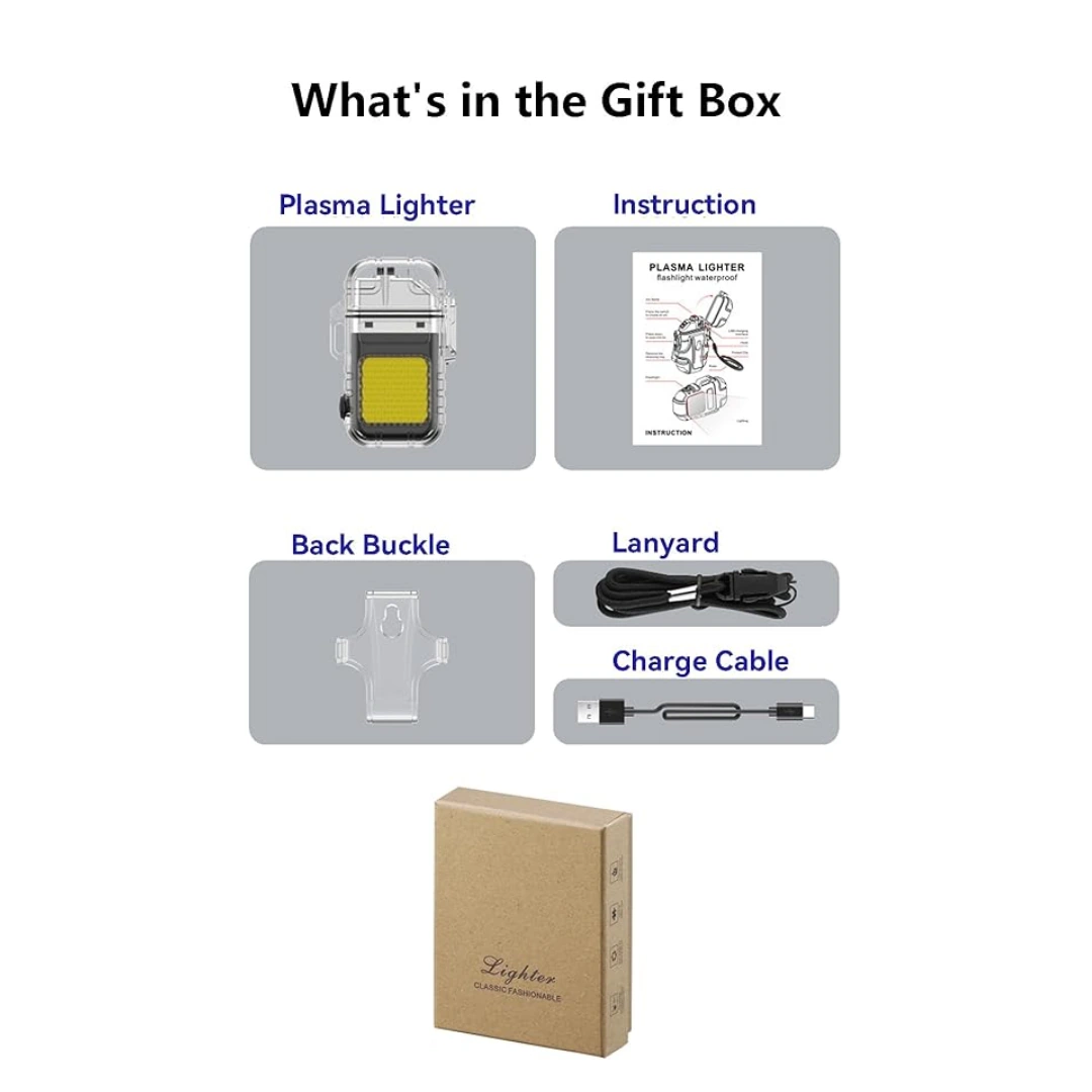 كشاف_ولاعة_كهربائي_05 ولاعة بلازما مقاومة للماء وقابلة لإعادة الشحن بمنفذ USB، ولاعة بقوس مزدوج مقاومة للرياح مع مصباح يدوي، صندوق هدايا متضمن كابل نوع سي وحبل قصير، لون أسود | RoxyStore