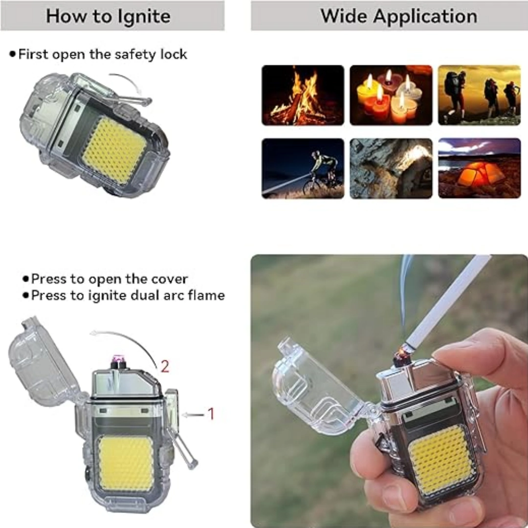 كشاف_ولاعة_كهربائي_06 ولاعة بلازما مقاومة للماء وقابلة لإعادة الشحن بمنفذ USB، ولاعة بقوس مزدوج مقاومة للرياح مع مصباح يدوي، صندوق هدايا متضمن كابل نوع سي وحبل قصير، لون أسود | RoxyStore