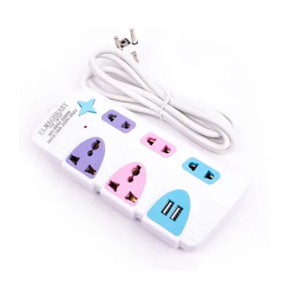 Star electricity strip with 2 USB charging ports, with a lock and unlock key / 2-meter cable (5 ports, including 2 triple ports)
