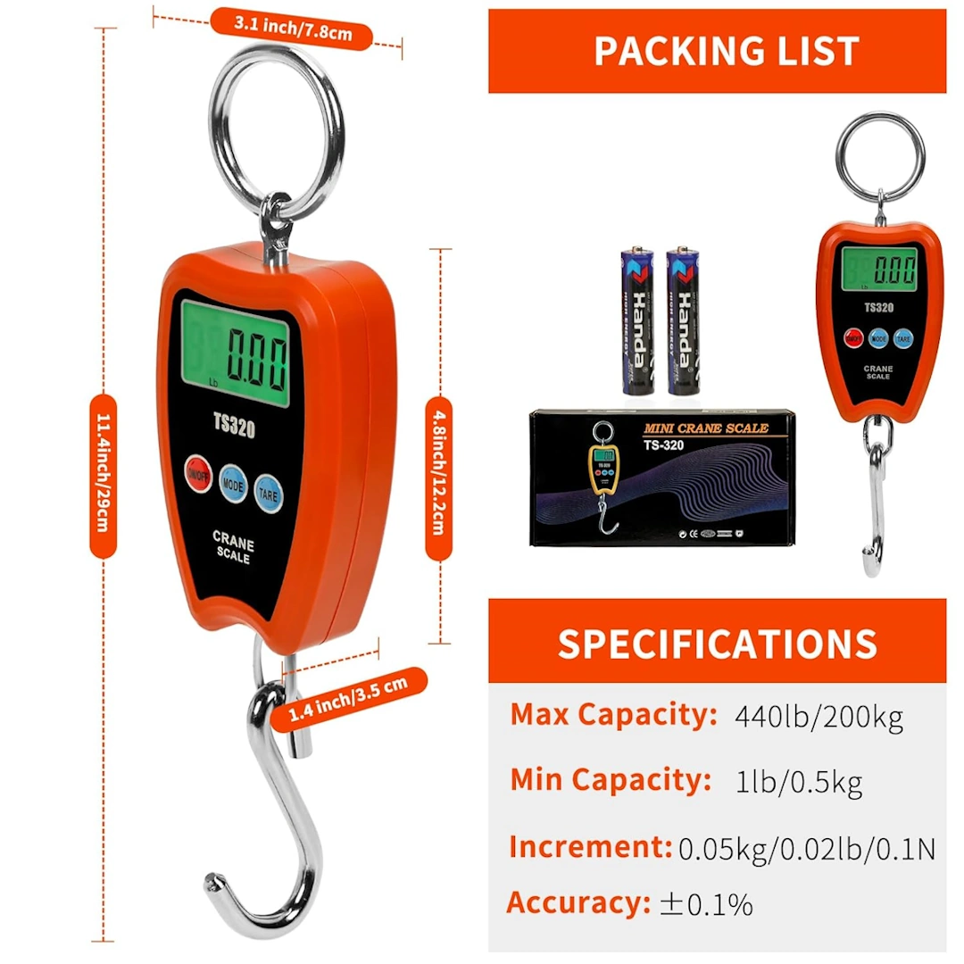 ميزان جزار-4 مقياس رافعة رقمي 300 كجم/660 باوند 200 كجم/440 باوند مع مصباح ليد صغير محمول باليد للجراج والمزرعة والصيد وما الى ذلك من اوتميت (200 كجم/غلاف بلاستيكي/برتقالي) | RoxyStore