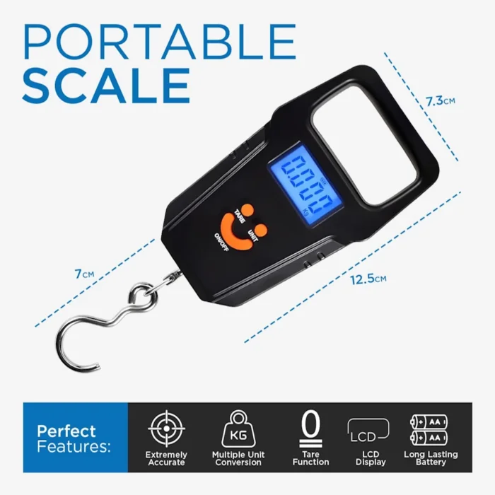 Roxy Store Portable Hanging Luggage Scale: Blue Backlit LCD Display Travel Scale with Fishing Hook for Home and Outdoor Use (Black) | RoxyStore