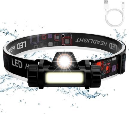 كشاف أمامي ذكي LED – قابل لإعادة الشحن عبر USB، مقاوم للماء بتصنيف IPX4 مع مغناطيس وطوق رأس قابل للتعديل للتخييم وركوب الدراجات والجري والصيد