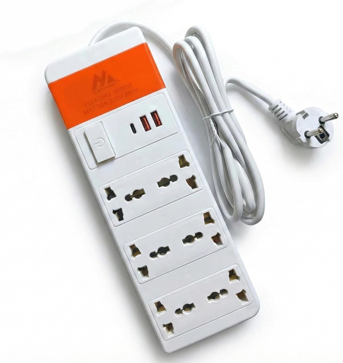 71KuJ6sSqbL._AC_SL1500_ مشترك كهربائي متعدد المنافذ، 6 مخارج كهربائية، 1 منفذ Type-C و4 منافذ USB، قدرة 2500 واط، موديل NO-8804U | RoxyStore