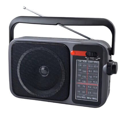 راديو لاسلكي بتصميم عصري، بـ٤ موجات (AM-FM-SW1-SW2)، مع مدخل شحن تيار مستمر وبطارية قابلة لإعادة الشحن | J15