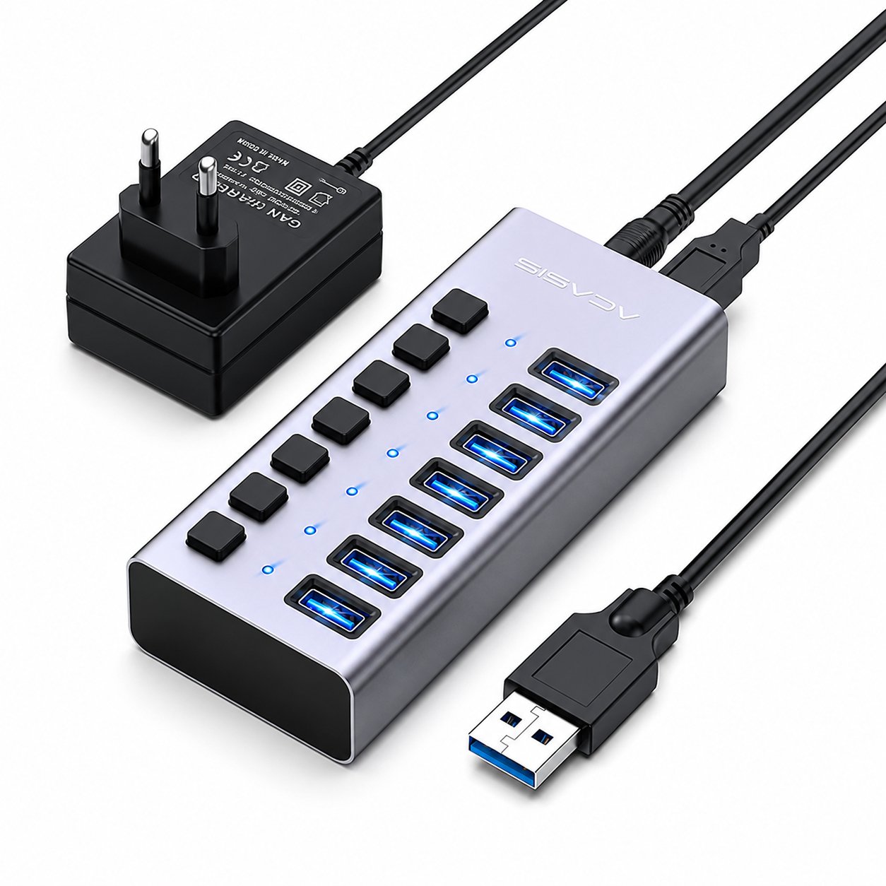 ChatGPT Image 7 يونيو 2026، 01_54_20 م موزع USB للشحن ACASIS HS-707MG ذو 7 منافذ USB 3.0 بسرعة نقل بيانات عالية تصل إلى 5 جيجابت في الثانية، مزود بمفتاح تشغيل مستقل. | RoxyStore
